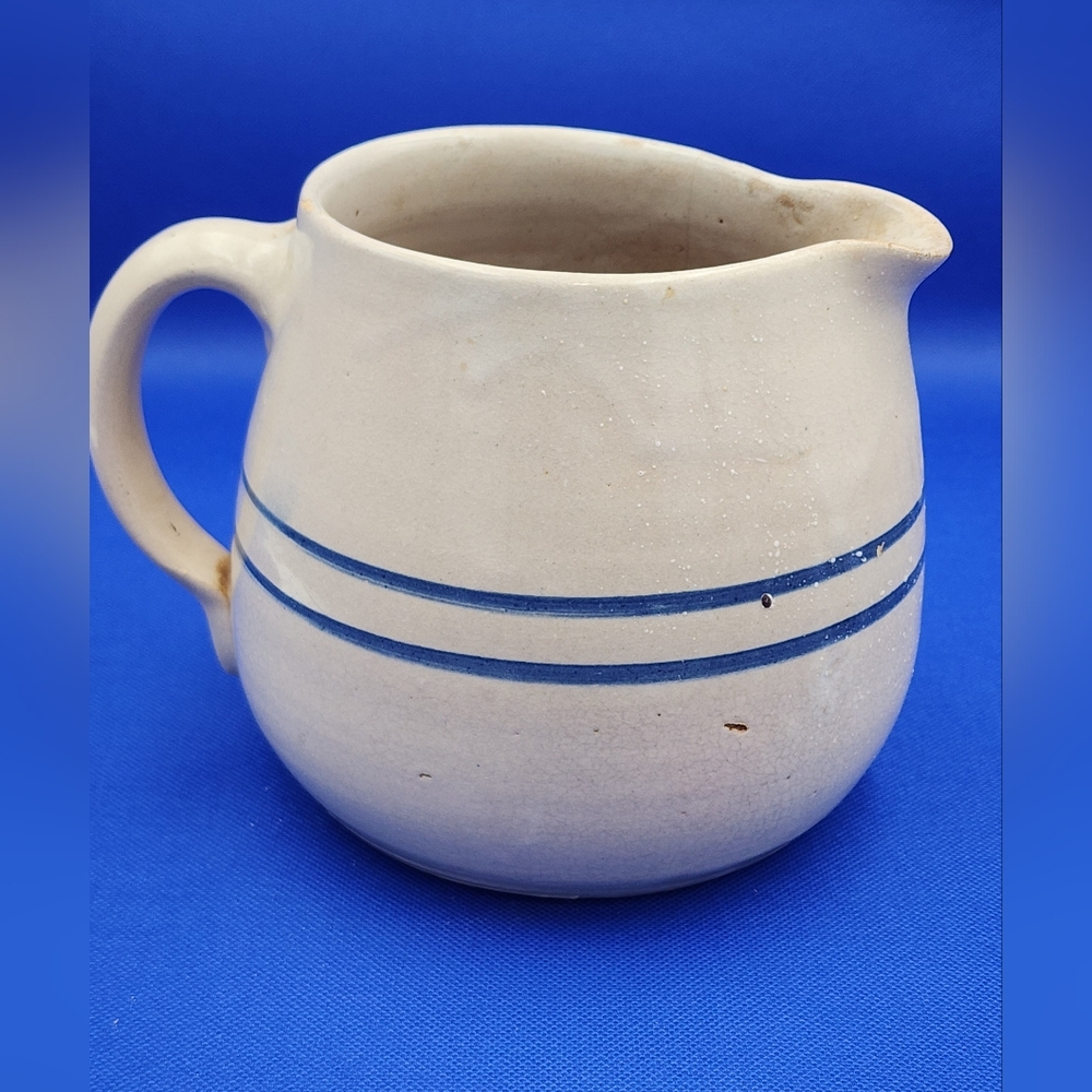 Vintage Stoneware Pottery Cobalt Blue Banded Pitcher Jug
